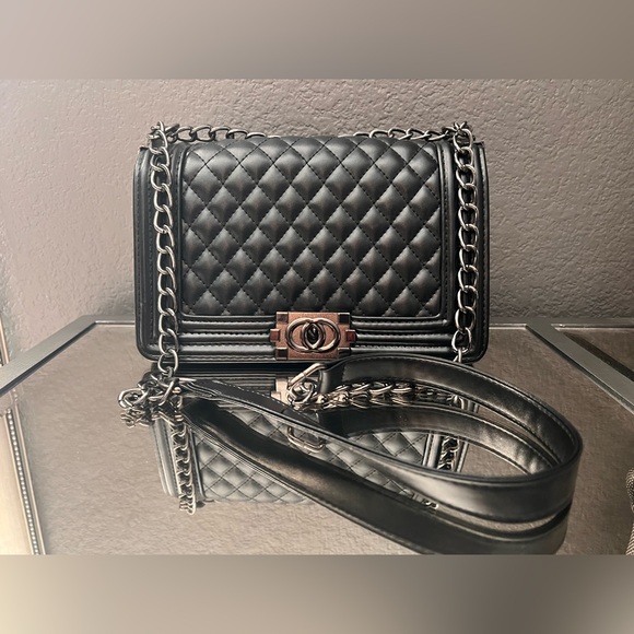 Black Quilted Faux Leather Crossbody with Gunmetal Chain and Clasp - Picture 1 of 14